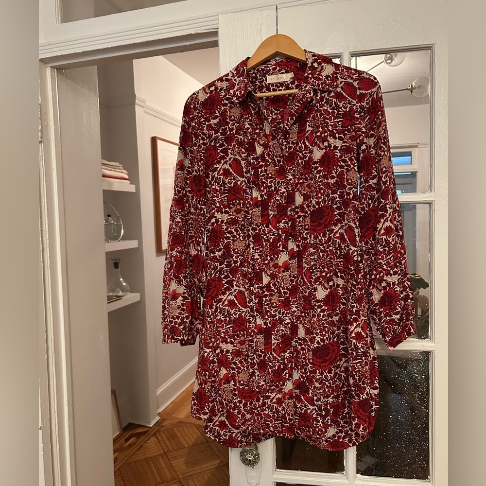 Tory Burch Burgundy Floral Long Sleeve Silk Dress